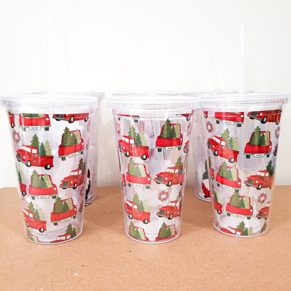 FARMHOUSE RED CHRISTMAS TRUCK TUMBLER GOBLET TREE